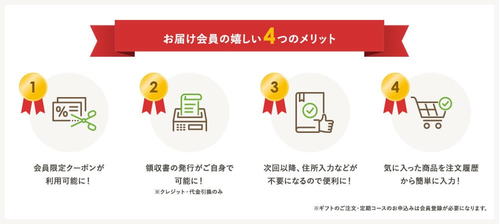 会員登録4つの嬉しいメリット 会員限定クーポンが利用可能 領収書の発行がご自身で可能 次回以降、住所入力などが不要 気に入った商品を注文履歴から簡単に入力