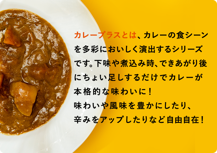 カレープラスとは、カレーの食シーンを多彩においしく演出するシリーズです。下味や煮込み時、できあがり後にちょい足しするだけでカレーが本格的な味わいに！味わいや風味を豊かにしたり、辛みをアップしたりなど自由自在！