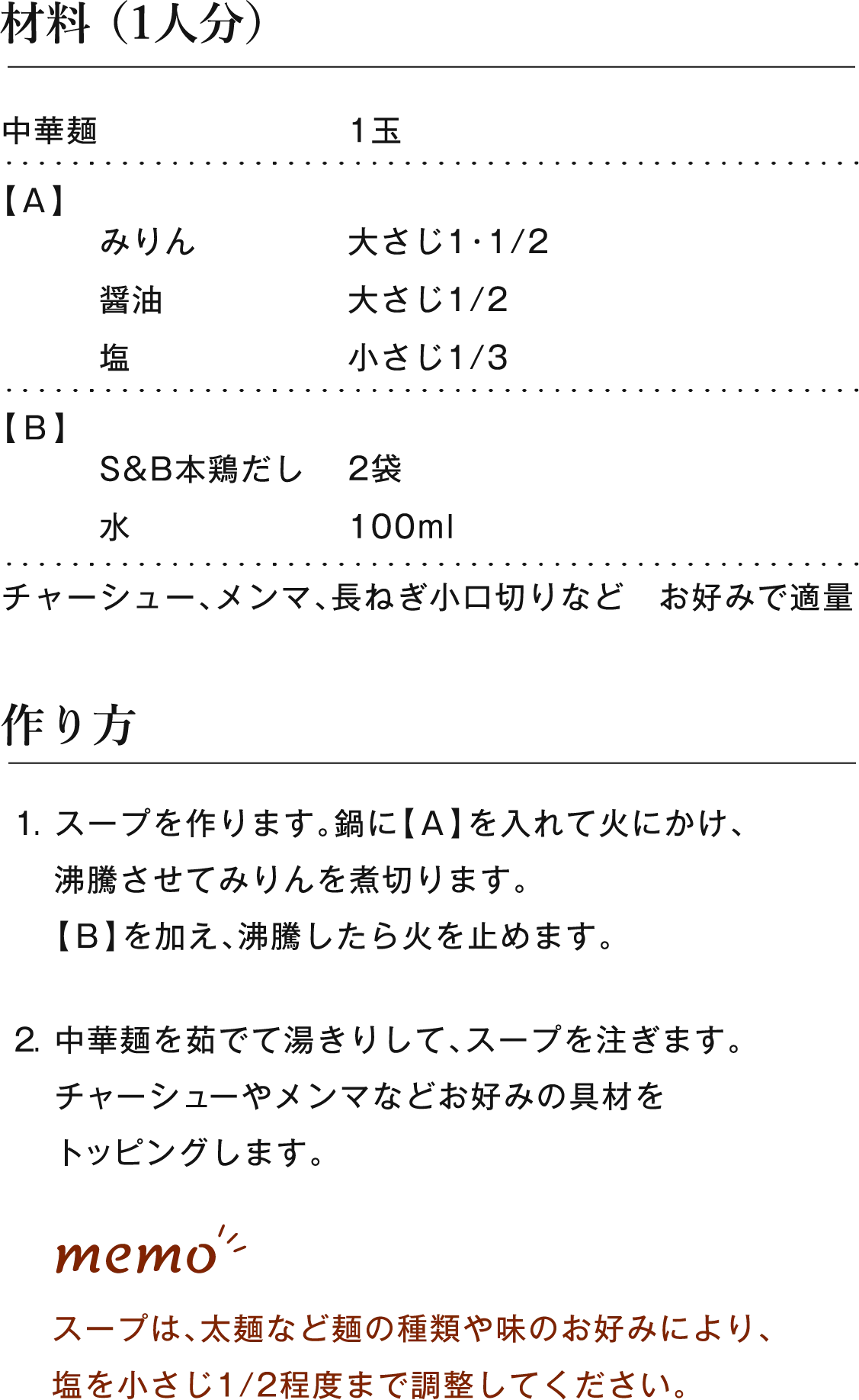 材料 （1人分）中華麺 1玉、【Ａ】みりん 大さじ1・1/2、醤油 大さじ1/2、塩 小さじ1/3、【B】S&B本鶏だし 2袋、水 100ml、チャーシュー、メンマ、長ねぎ小口切りなど お好みで適量 作り方 1. スープを作ります。鍋に【Ａ】を入れて火にかけ、沸騰させてみりんを煮切ります。【Ｂ】を加え、沸騰したら火を止めます。2. 中華麺を茹でて湯きりして、スープを注ぎます。チャーシューやメンマなどお好みの具材をトッピングします。memo スープは、太麺など麺の種類や味のお好みにより、塩を小さじ1/2程度まで調整してください。