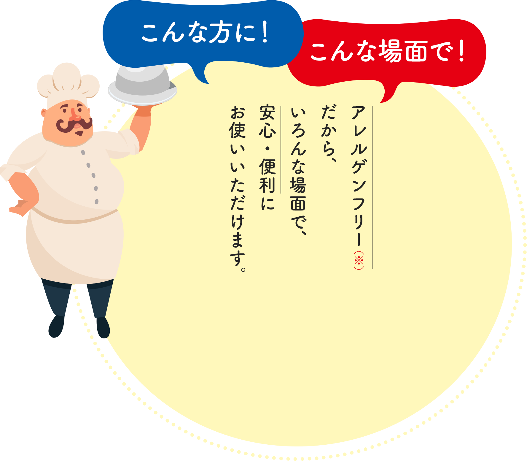 こんな方に！こんな場面で！アレルゲンフリーだから、いろんな場面で、安心・便利にお使いいただけます。