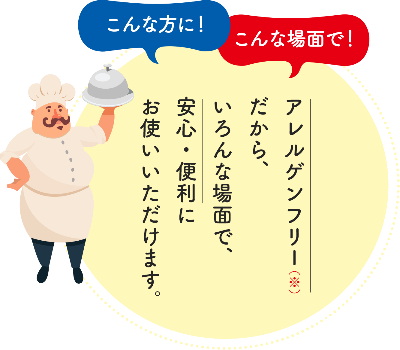 こんな方に！こんな場面で！アレルゲンフリーだから、いろんな場面で、安心・便利にお使いいただけます。