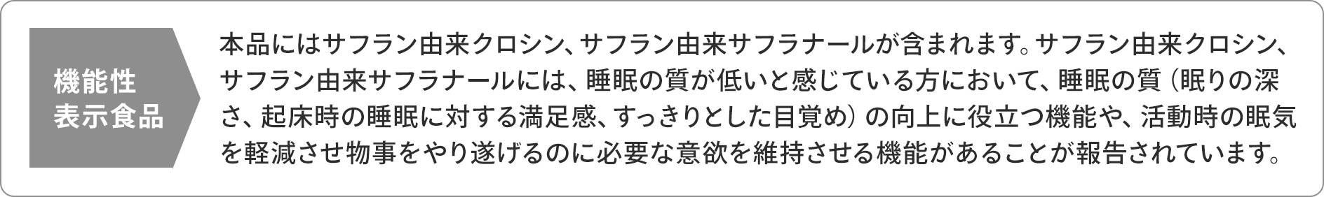 機能性表示食品 本品にはサフラン由来クロシン、サフラン由来サフラナールが含まれます。サフラン由来クロシン、サフラン由来サフラナールには、睡眠の質が低いと感じている方において、睡眠の質（眠りの深さ、起床時の睡眠に対する満足感、すっきりとした目覚め）の向上に役立つ機能や、活動時の眠気を軽減させ物事をやり遂げるのに必要な意欲を維持させる機能があることが報告されています。