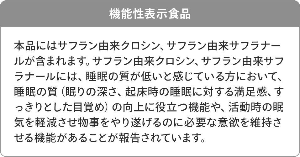 機能性表示食品 本品にはサフラン由来クロシン、サフラン由来サフラナールが含まれます。サフラン由来クロシン、サフラン由来サフラナールには、睡眠の質が低いと感じている方において、睡眠の質（眠りの深さ、起床時の睡眠に対する満足感、すっきりとした目覚め）の向上に役立つ機能や、活動時の眠気を軽減させ物事をやり遂げるのに必要な意欲を維持させる機能があることが報告されています。