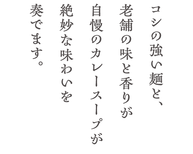 コシの強い麺と、老舗の味と香りが自慢のカレースープが絶妙な味わいを奏でます。